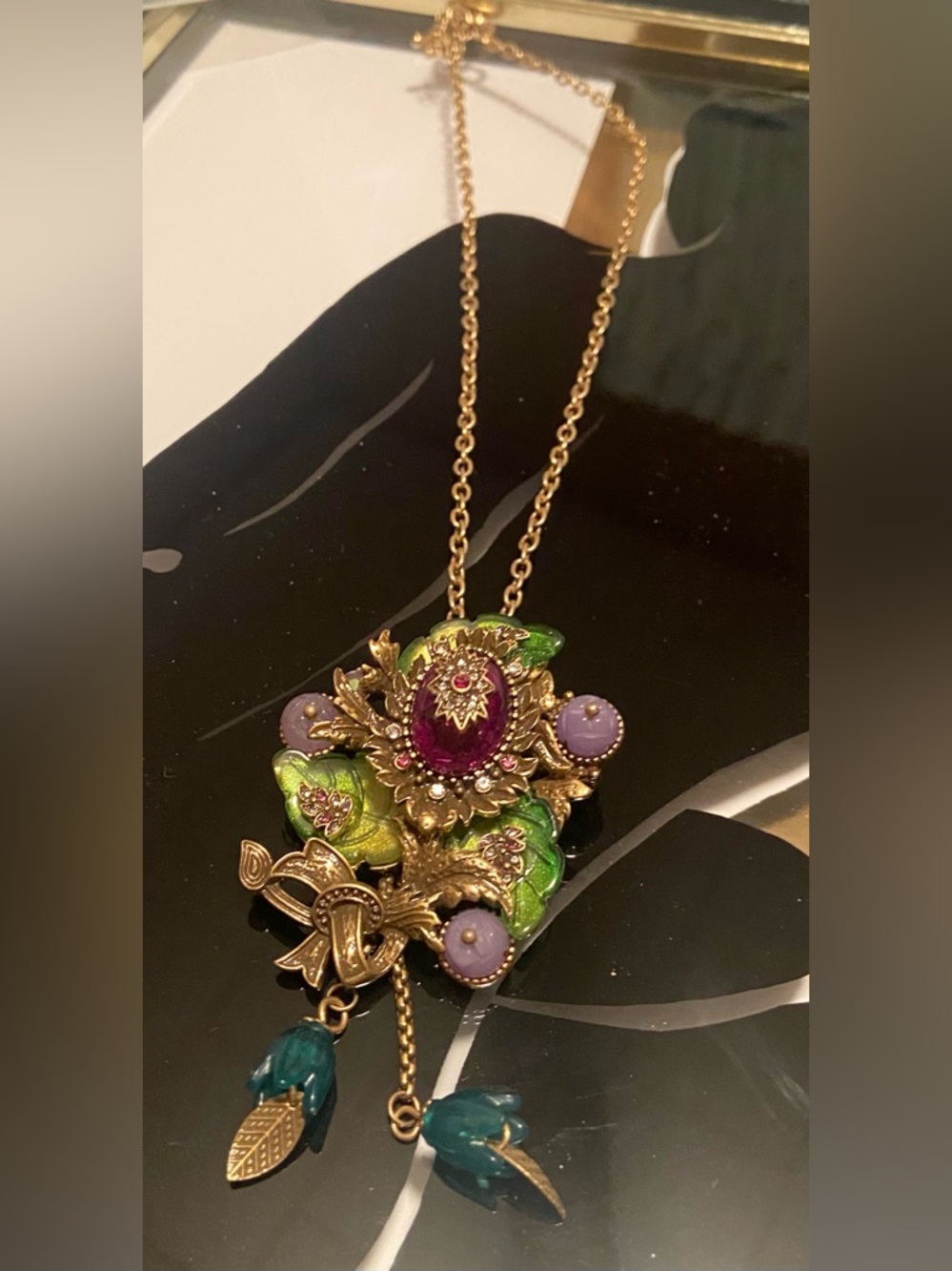Antique Gold Green and Purple Floral Pendant Necklace/Brooch- #100